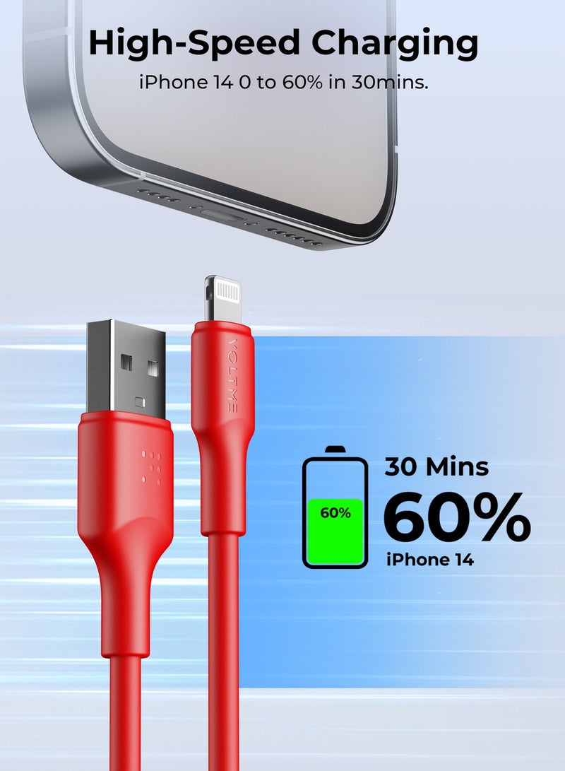 VOLTME iPhone Charger Cable (2m) 2.4A, Lightning Cable for Fast Charging and High-Speed Data Transfer, USB Cable Compatible with iPhone 14/14 Pro/14 Plus/14 Pro Max, 13/12/11/10/9/8/7 Plus, iPad, AirPods - Red - Image 2